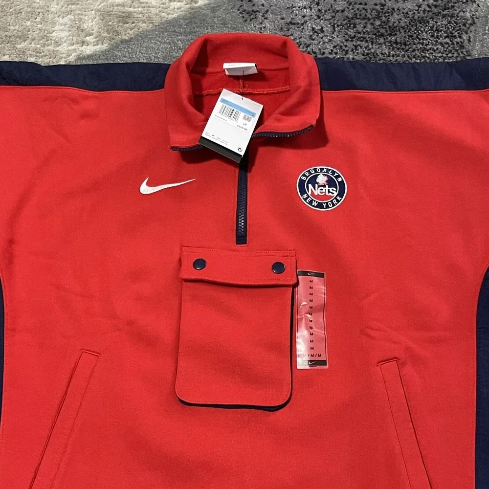 Nike Brooklyn‎ Nets Jacket Men Medium Red NBA Sweatshirt Embroidered 1/4 Zip NEW